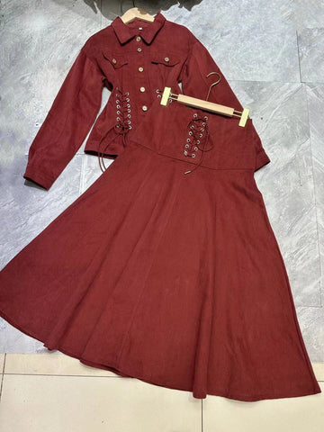 Wind Collar Tie With Waist Jacket Jacket + Wine Red Temperament A-Word Skirt Dress Suit Tide